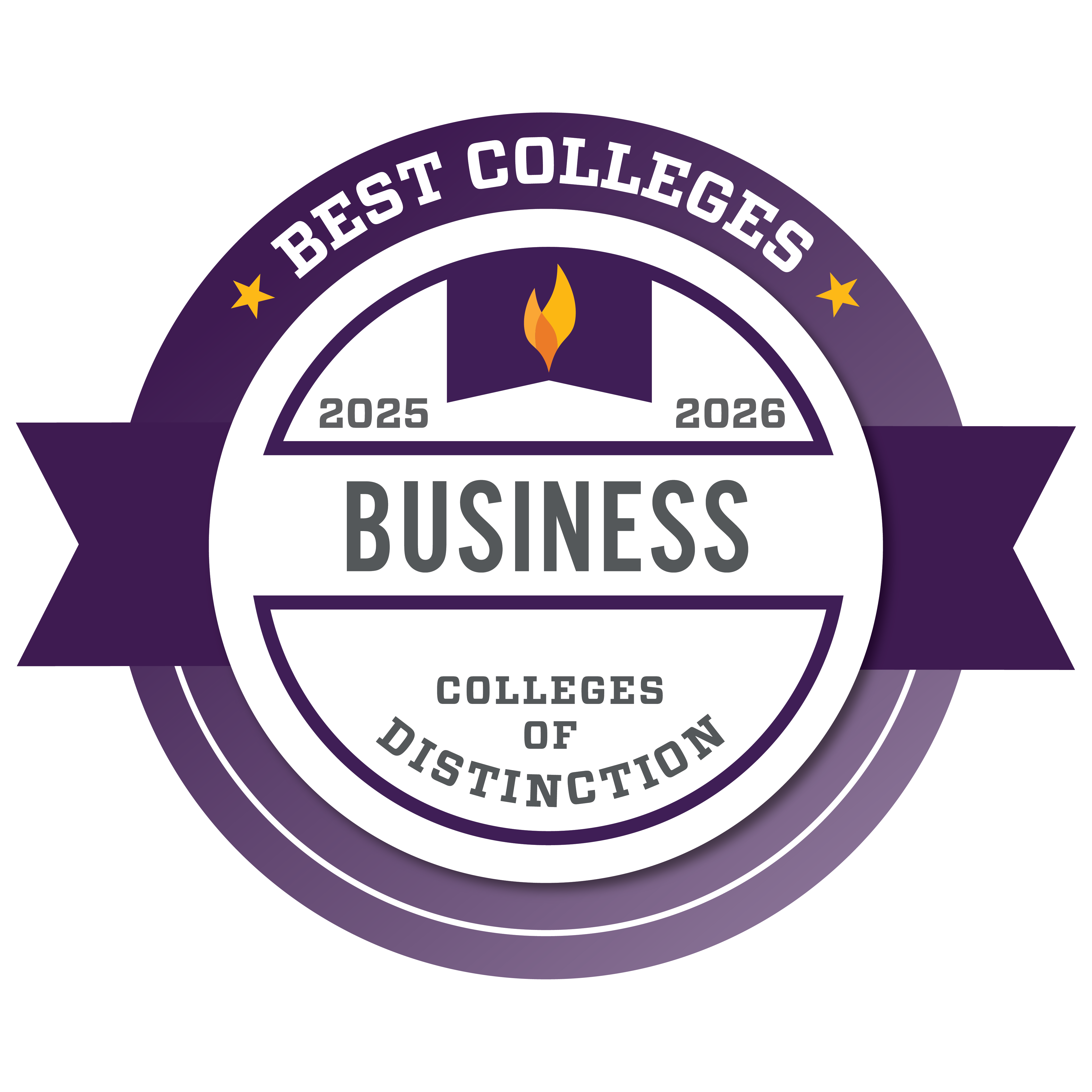 Badge indicating the recognition as one of the Best Colleges of Distinction for Business for the years 2025-2026.